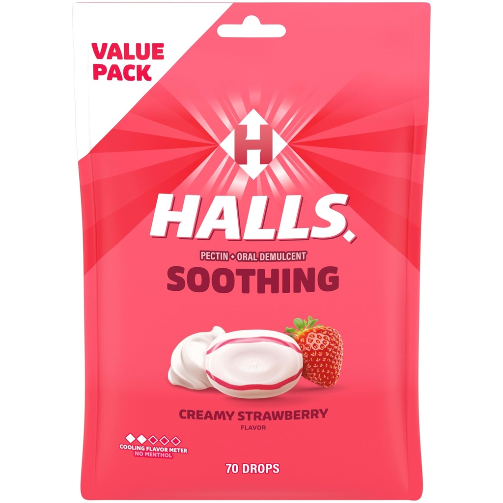 HALLS Throat Beruhigung (vorher HALLS Breezers) Creamy Strawberry Throat Drops, Economy Pack, 70 Tropfen
