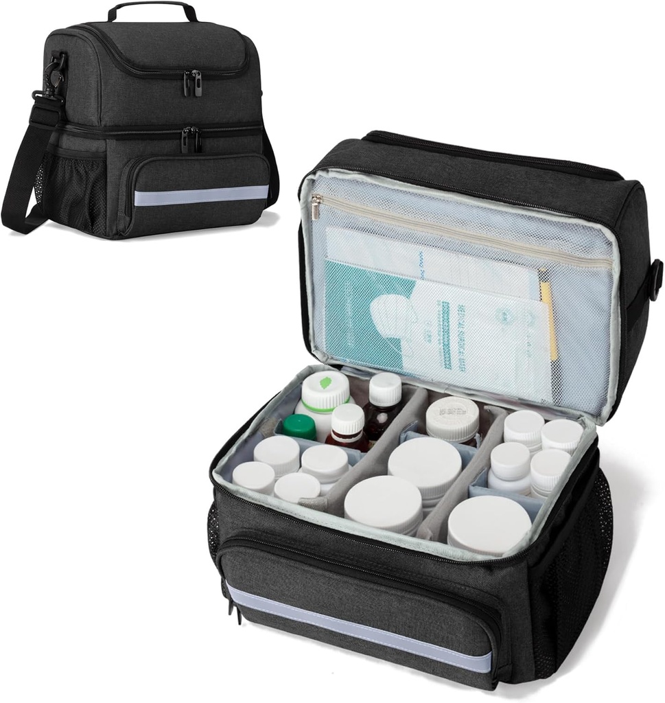 CURMIO Sac de stockage de médicaments, Double couche Organisateur de bouteilles de pilules avec diviseurs intérieurs pour les médicaments, vitamines, bouteilles d'ordonnance, fournitures médicales, noir (conception du brevet)