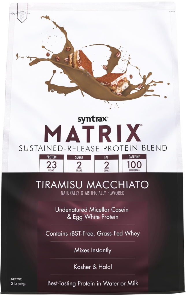 Syntrax Nutrition Matrix - Mélange de protéines à libération prolongée, Tiramisu Macchiato 2 lbs. 100mg caféine