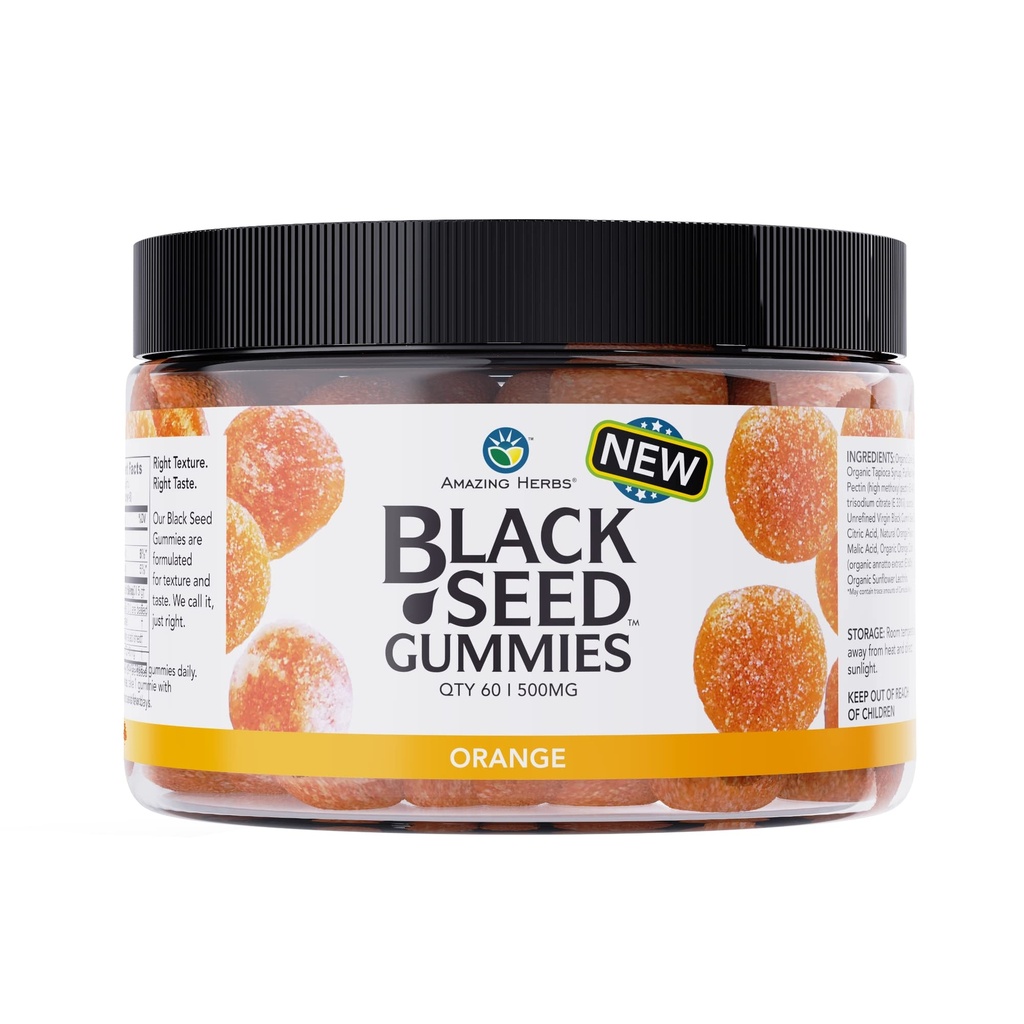 Amazing Herbes Huile de Graine Noire Biologique Gommies - 500mg Par Servant, Graine de Cumin Noire pressée à froid, Fabriquée avec Nigella Sativa, Aide à stimuler l'immunité, Soutient Digestion saine - Arôme Orange 60 Comte