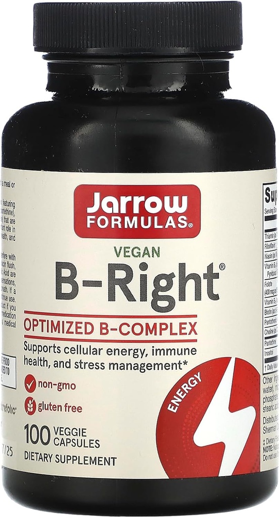 Jarrow Formulas B-Right - Low-Odor Vitamin B-Komplex Formel - Energie & Stoffwechselunterstützung - Fördert Gehirn, Herz & Herz-Kreislauf Gesundheit - 100 Servierungen (Pack von 1)