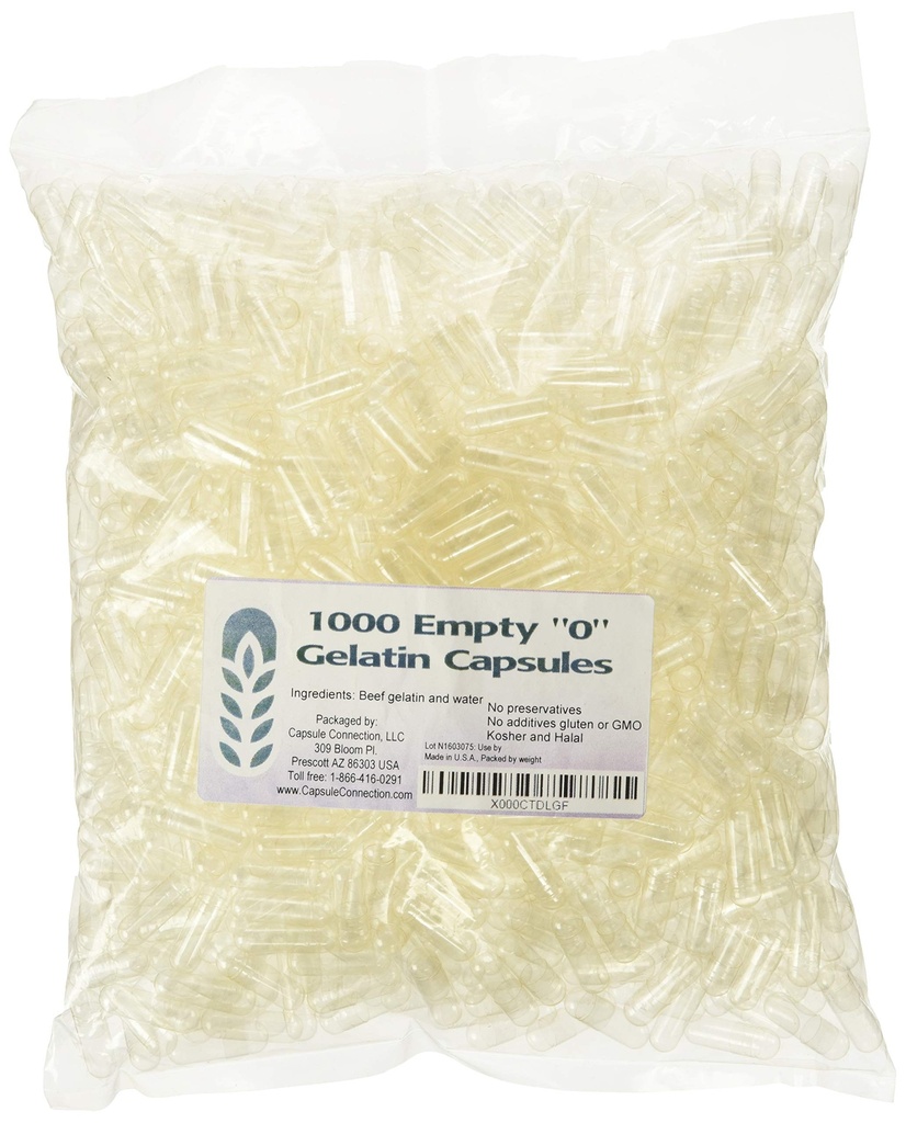 Capsule Connessione 1000 Bulk "0" Empty Gelatin Capsule, USA-made, Sacchetto richiudibile