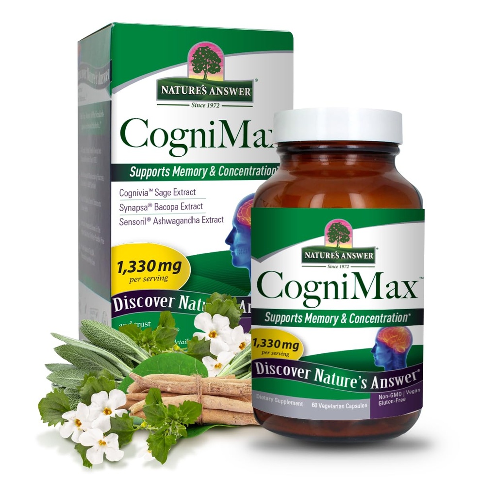 Risposta della natura CogniMax 1330mg Integratore Blend 60-Capsules | Memoria naturale, Concentrazione e Focus Support | Non-GMO, Vegan, Gluten Free | Single Count