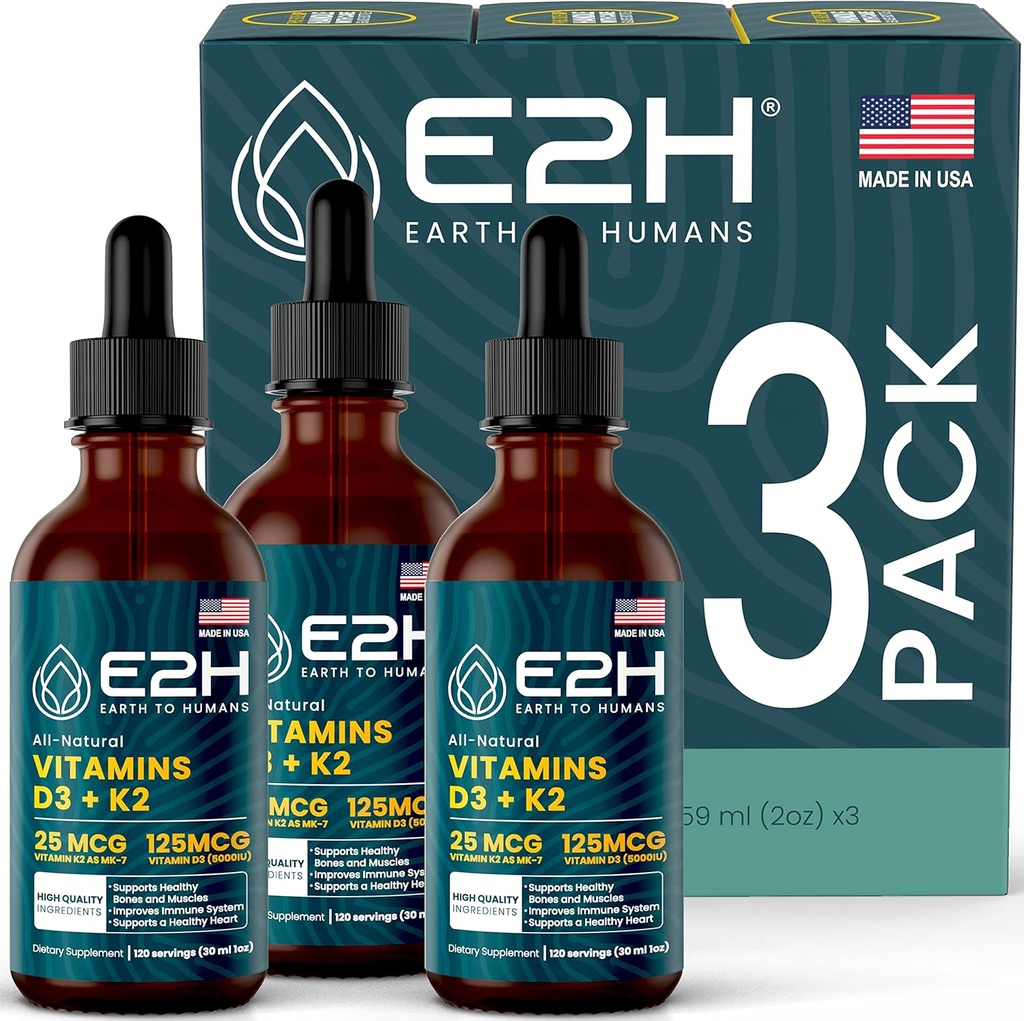 E2H EARTH TO HUMANS Vitamin D3 & K2 Supplement for Immune Support - Liquid Vitamin D3 5000 IU - Made in The USA | Non-GMO, Vegan - (3 Bottles)