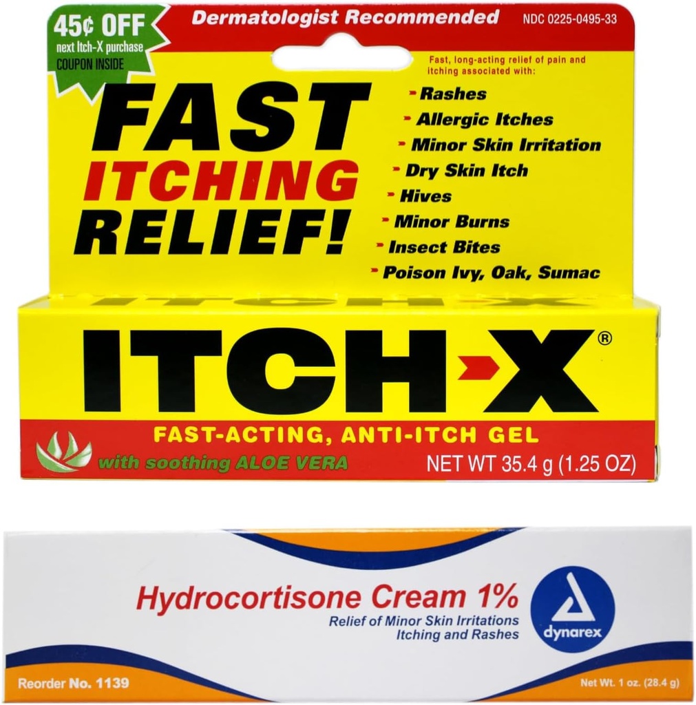 Itch-x Gel de Relief Itch 1,25 oz + Crème Hydrocortisone 1 oz Relief rapide pour les rasées, les brûlures mineures, les piqûres d'insectes, Poison Ivy, Chêne, Sumac.