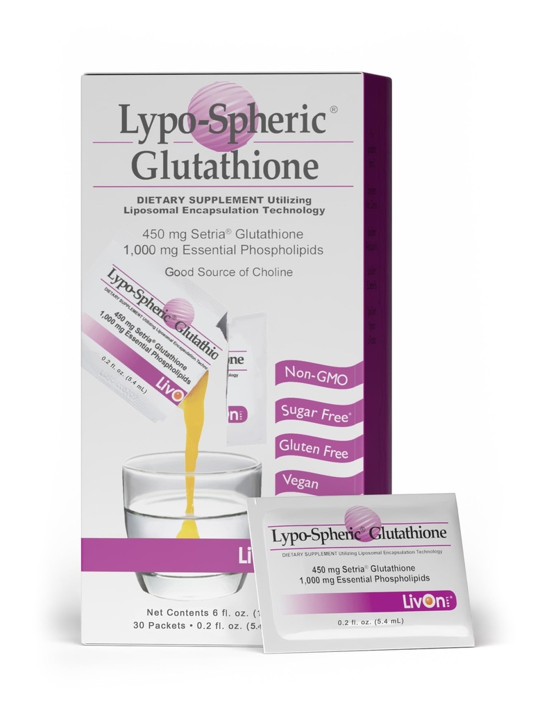 Livon Laboratories Lypo-Spheric Glutathion - 30 Packets – 450 mg Glutathion Par Packet – Liposome encapsulé pour une biodisponibilité maximale – Formule professionnelle – 100% Non-OGM