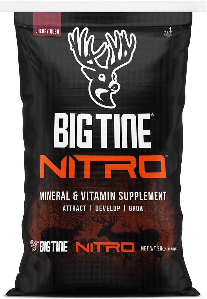 Big Tine Nitro, Deer Supplement, 20 lbs Tasche, Cherry Rush Duft, Leistungsstarke und lange anhaltende Duft, hohe Bioverfügbarkeit, verpackt mit Vitaminen und Mineralien