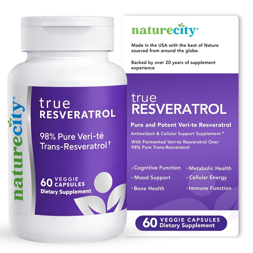 NatureCity TrueResveratrol – Supplément Resveratrol et anti-âge avec 75mg Trans-Resveratrol (98% Pure Veri-te) pour la santé cardiaque, immunitaire, osseuse et cognitive