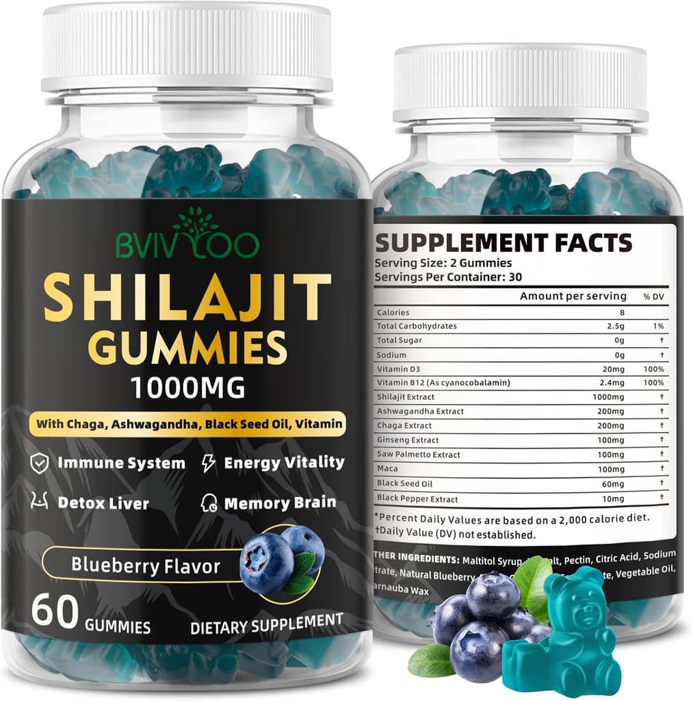 Shilajit Gummies per gli uomini e le donne - Supplemento Shilajit senza zucchero Ricco in 85+ Minerali Trace & Acido Fulvico, Fornire energia, cervello e supporto immunità - 60 Gummies