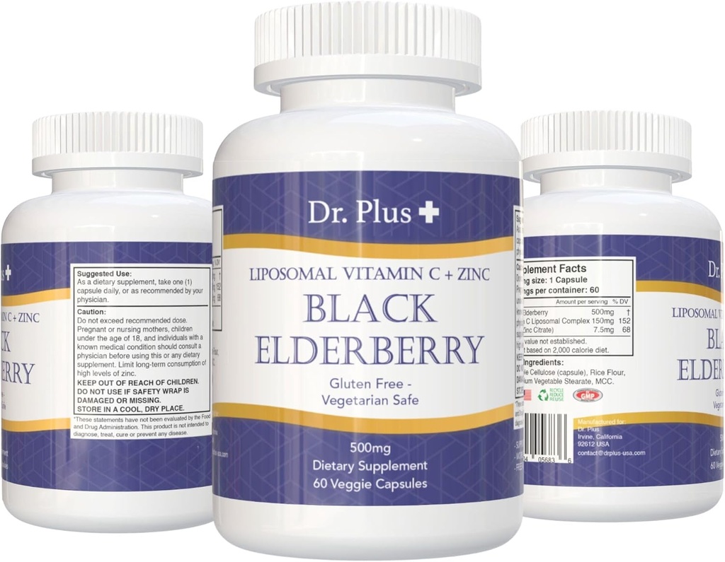 Liposomale Immune Boost Black Elderberry - Vitamin C - Zink Gluten Kostenlose vegetarische sichere Nahrungsergänzung 60 Veggie Kapseln