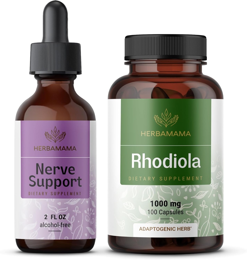 HERBAMAMA Nerve Support and Rhodiola Kit - Bundle of Nerve Support Liquid Complex 2 fl oz & Rhodiola Rosea Capsules - Vegan, Non OGM, Sugar & Alcohol-Free, 2 Pack