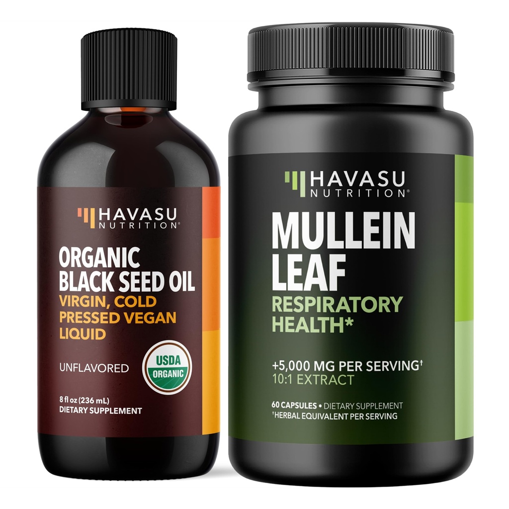 HAVASU NUTRITION Organic Black Seed Oil Liquid + Mullein Leaf Capsules Bundle Black Seed Oil Liquid + Mullein Leaf Capsules