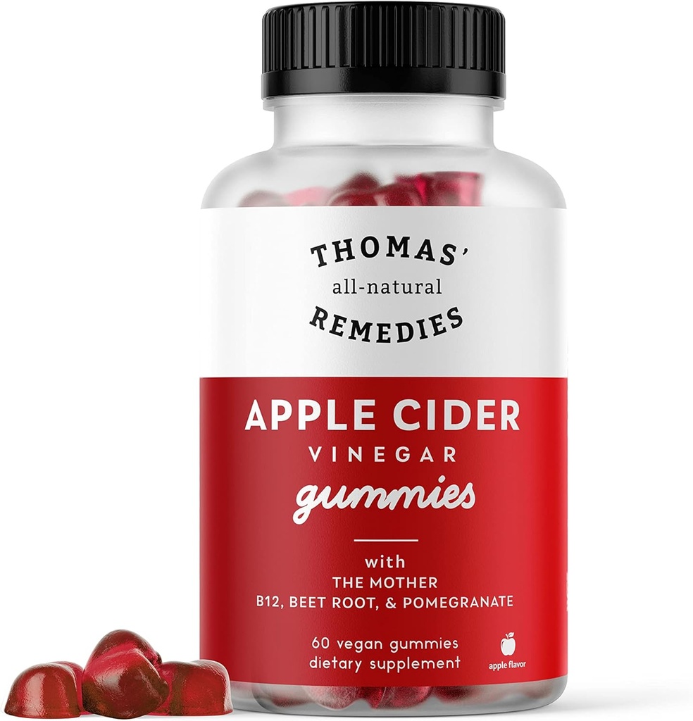 Thomas' remèdes tout-naturels vinaigre de cidre de pomme Gommies avec la mère, Gommies de vinaigre de cidre de pomme 1000mg, racine de betterave, grenade, B9 & B12 vitamines Gommies, sans gélatine, sans gluten, végétalien et non-OGM (60 comte)
