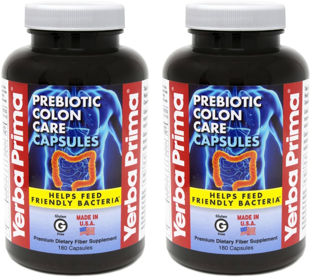 Yerba Prima Prebiotic Colon Care Capsule Dietetici Fibra, 180 Conte, (Pacchetto di 2) - Cinque Forme di Fibra Plus FOS Prebiotici Supplemento - Solubile & Insolubile per Regolarità & Supporto Digestivo
