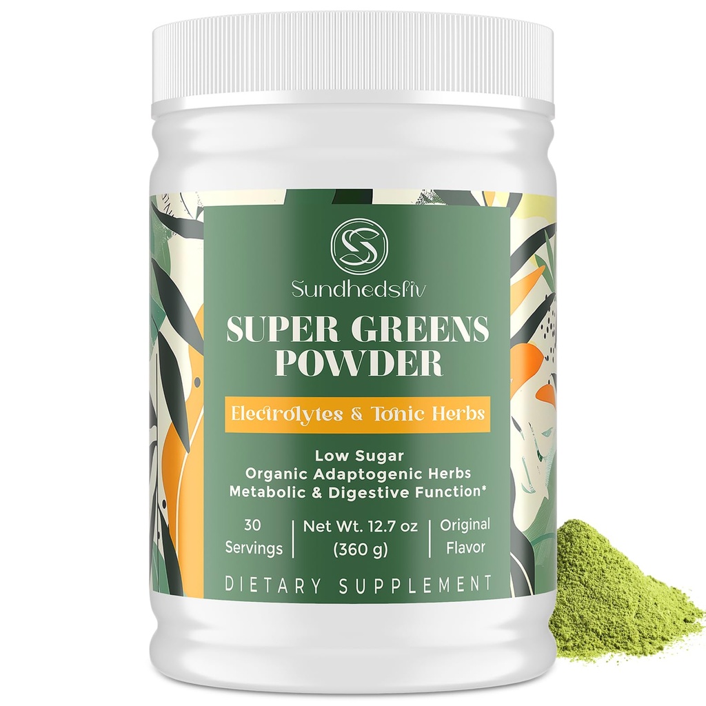 Super Greens Powder Superfood + Electrolytes & Tonic Herbs | Organic Greens, Shilajit, Adaptogens, Antioxidants, Preobiotic & Probiotic & Postbiotic| for Energy, Gut & Immune| Unflavored - 30 Servings