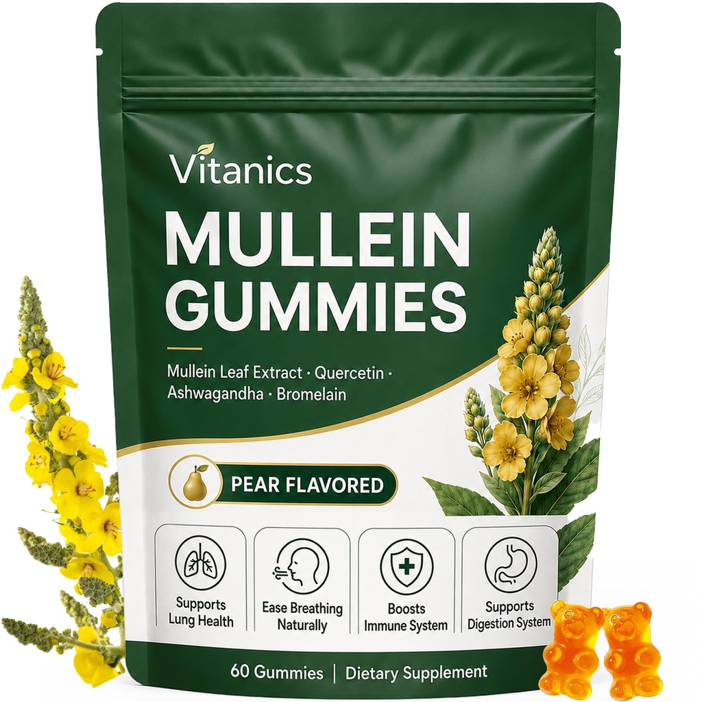 Mullein Gummies, Daily Respiratory Health Gummies, 1000mg Mullein Leaf Estratto di erbe, Pear Flavor, Lung Health & Sinus Relief (30 giorni di alimentazione)