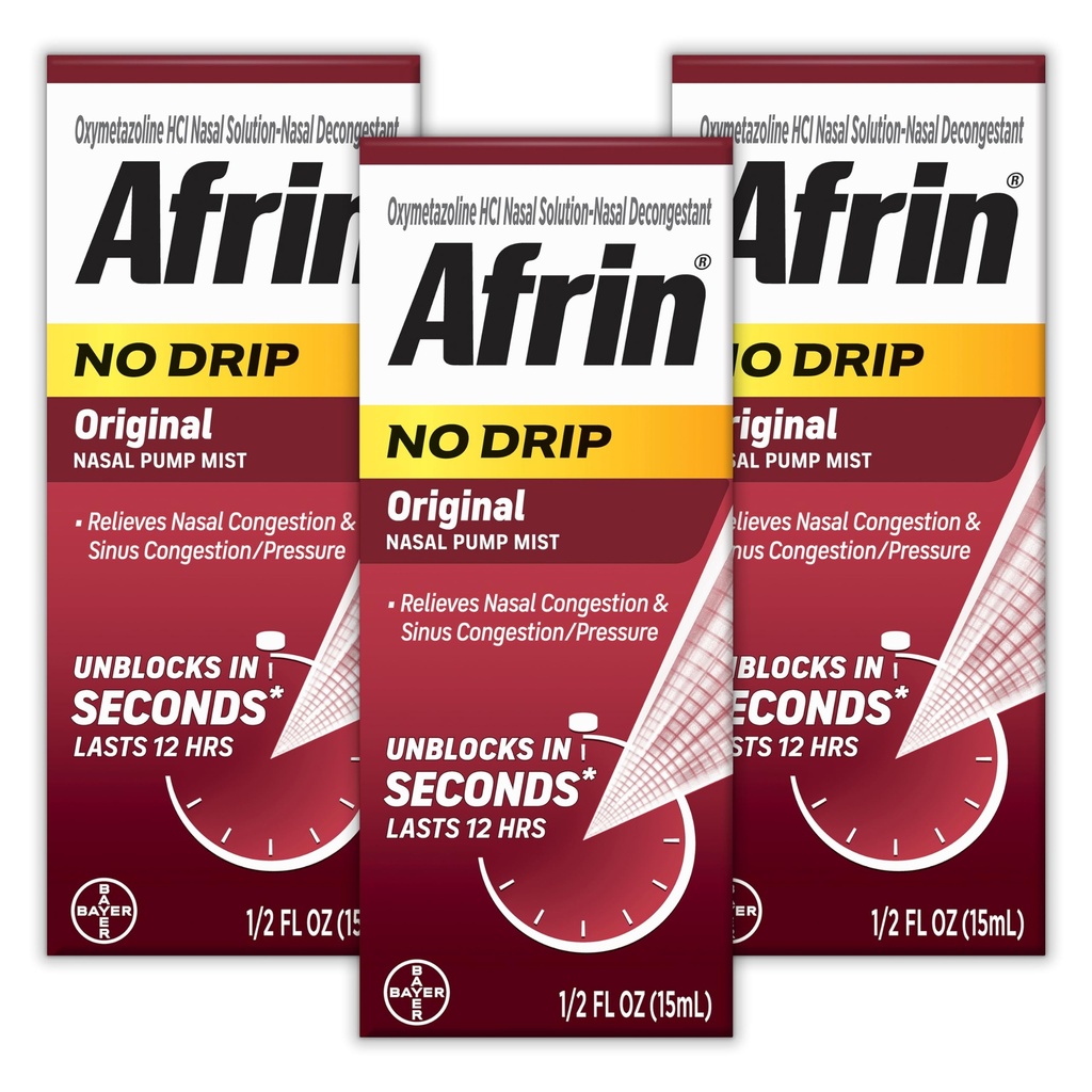 AFRIN No Drip Original Nasal Mist Triple Pack, Non-Drowsy, Decongestionante ad azione rapida per la congestione nasale e il sollievo dalla pressione del seno, adulti e bambini 6 e più vecchi, .5 fl oz (Pack of 3)