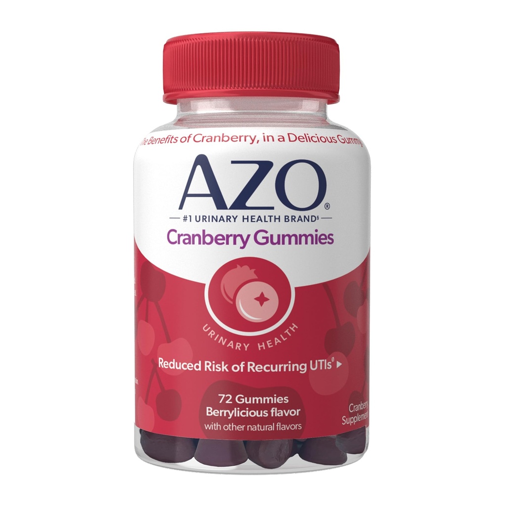 AZO Cranberry Urinary Tract Health Gummies Integratore alimentare, 2 Gummies = 1 Vetro di Succo di Mirtillo, Aiuta a pulire e proteggere, Natural Berrylicious Flavor, Non-GMO, 72 Gummies