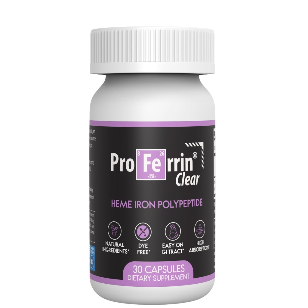 Proferrin Clear 30ct | US fatto ferro di eme per l'assorbimento elevato, facile su GI Tract | Naturale, certificato NSF, colorante libero