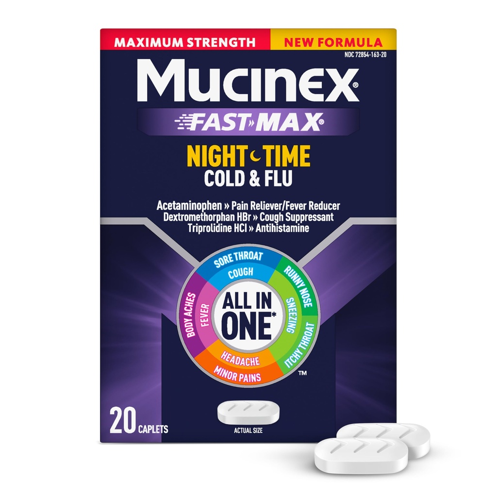 Mucinex Nightshift Cold & Flu, Maximum Strength Powerful Multi-Symptom Nighttime Relief, 20 Fast Release Caplets - Pain Reliever/Fever Reducer, Cough Suppressant, Antihistamine