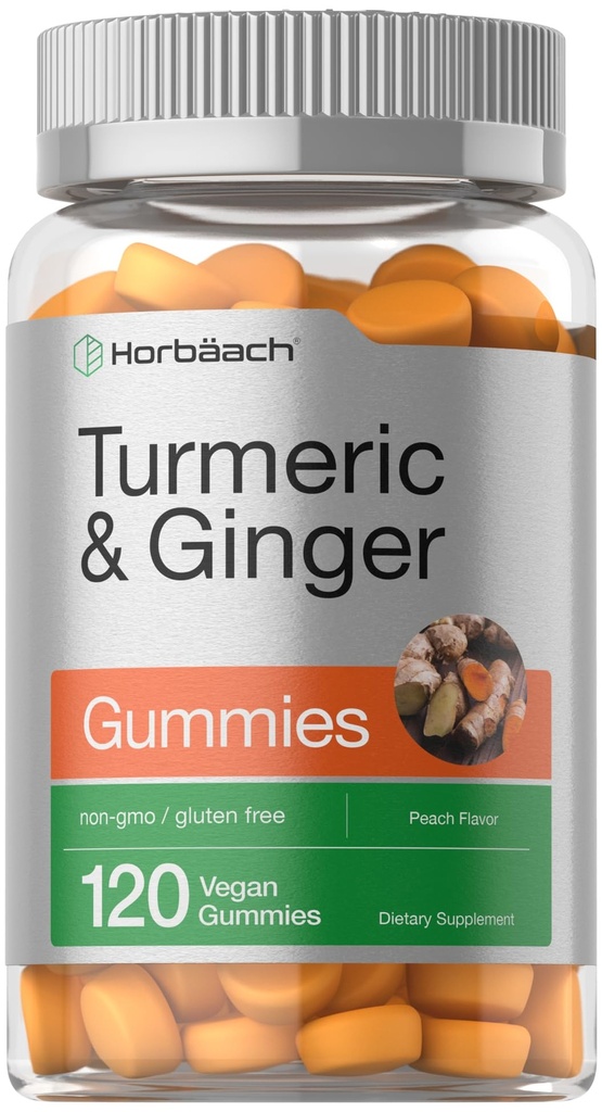 Horbäach Turmeric and Ginger Gummies | 120 Count | Peach Flavor | Vegan Non OGM & Gluten