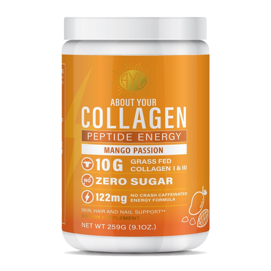Peptide Energy Collagen Powder Hair, Nail, Skin, Tipo I & III,Caffeina per Energia, Vitamina C, Biotina, Acido Ialuronico, Zucchero Zero – 8.92 oz (Mango Passion)