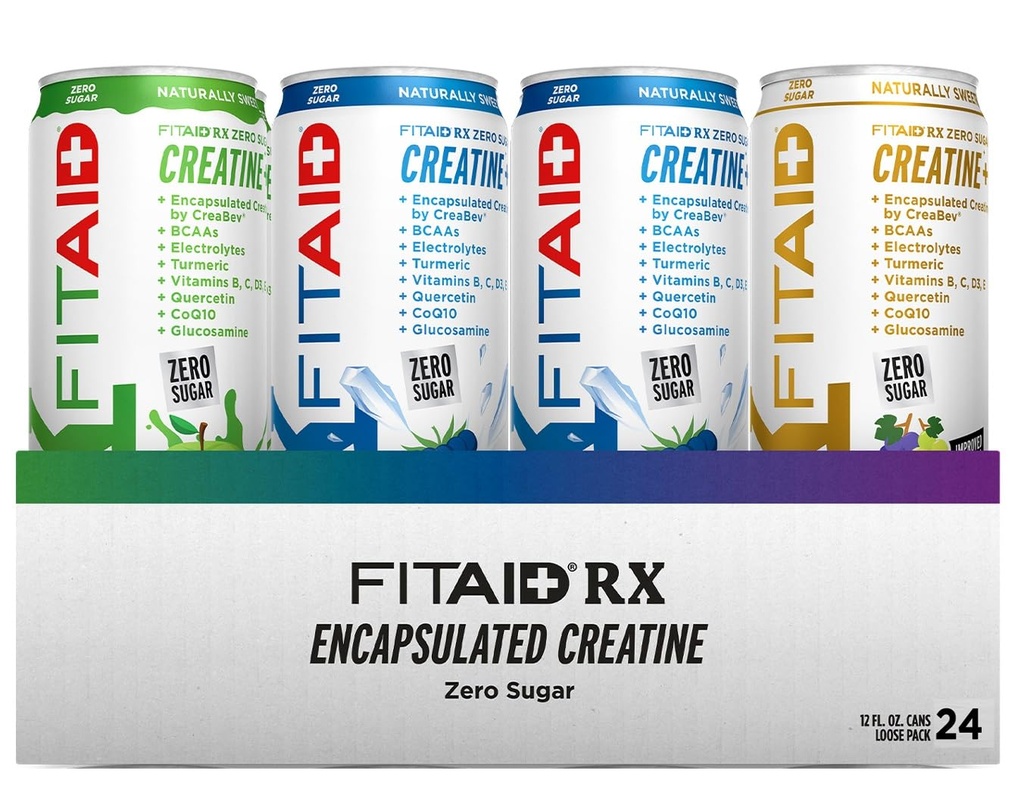 FITAID RX Zero Sugar, Encapsulated Creatine, Workout Recovery Drink, All-In-One Blend, BCAAs, Glucosamine, Turmeric, B-Complex, Elektrolyte, Variety Pack, 12 Fl Oz (Pack von 24)