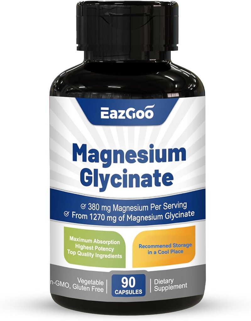 Glycinate de magnésium Capsules 1270mg, 380mg Supplément de magnésium, supplément de glycinate de magnésium à absorption élevée, non-OGM sans gluten, 90 Capsules