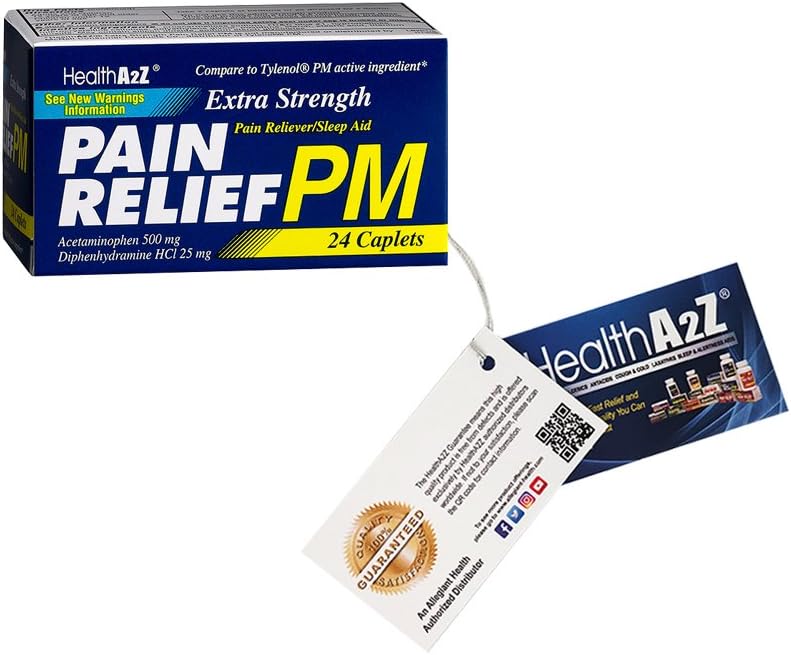 Santé A2Z, Soulagement de la douleur par la force supplémentaire PM,24 Comprimés, Compartiment à Tylenol PM Ingrédient actif