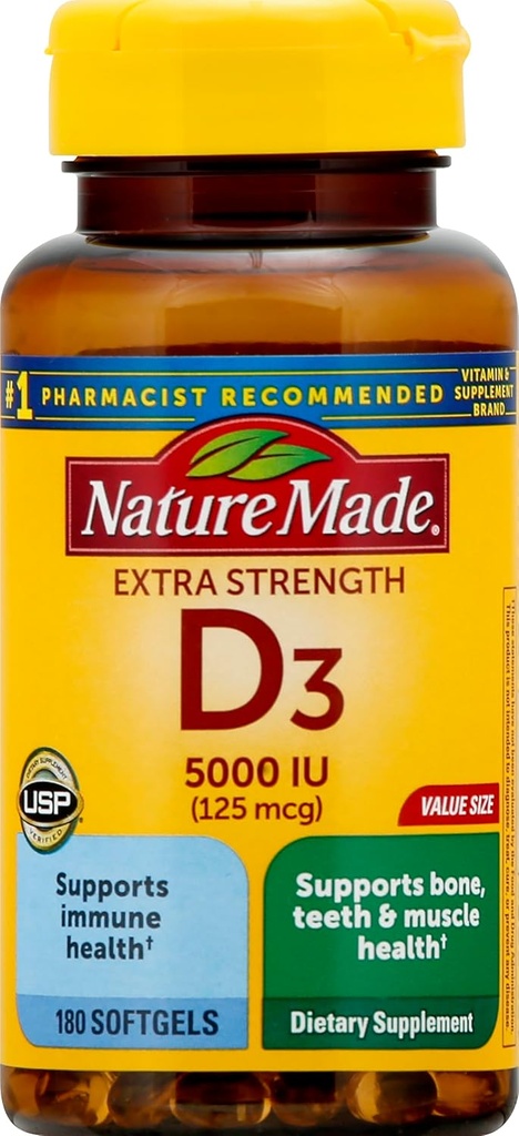 Extra Strength Vitamin D3 5000 IU (125 mcg), 180 Softgels Wertgröße, Hohe Potenz Vitamin D hilft Immungesundheit, starke Knochen und Zähne, & Muskelfunktion zu unterstützen