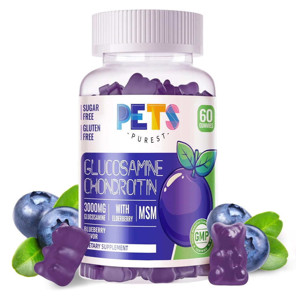 Tiere Reinste Glucosamin Chondroitin Gummis mit MSM & Elderberry Extra Strength - Joint Support, Antioxidant Immun Support Supplement für Erwachsene, Männer & Frauen.60 Blueberry Gummies
