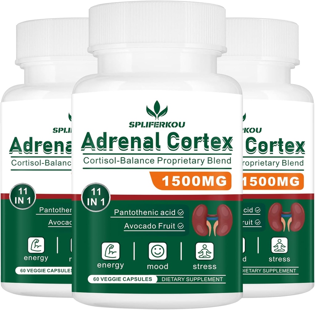 11-en-1 Supplément de soutien adrénal, Supplément de cortisol avec acide pantothénique et Ashwagandha - Soutient la fonction adrénale saine, l'énergie et la relaxation - 180 capsules