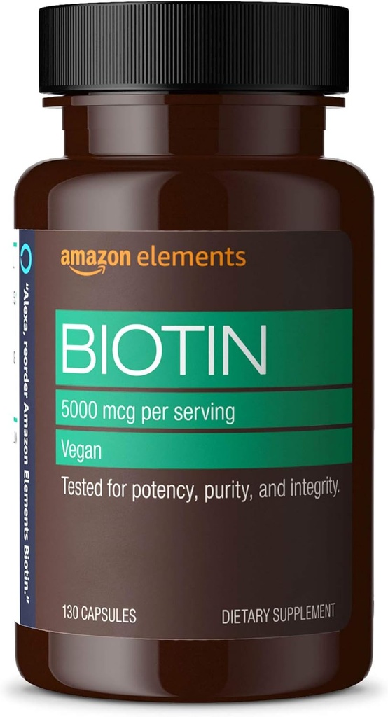 Elementi Vegan Biotin 5000 mcg - Capelli, Pelle, Unghie, 130 Capsule (4 mesi di fornitura) (Packaging può variare)