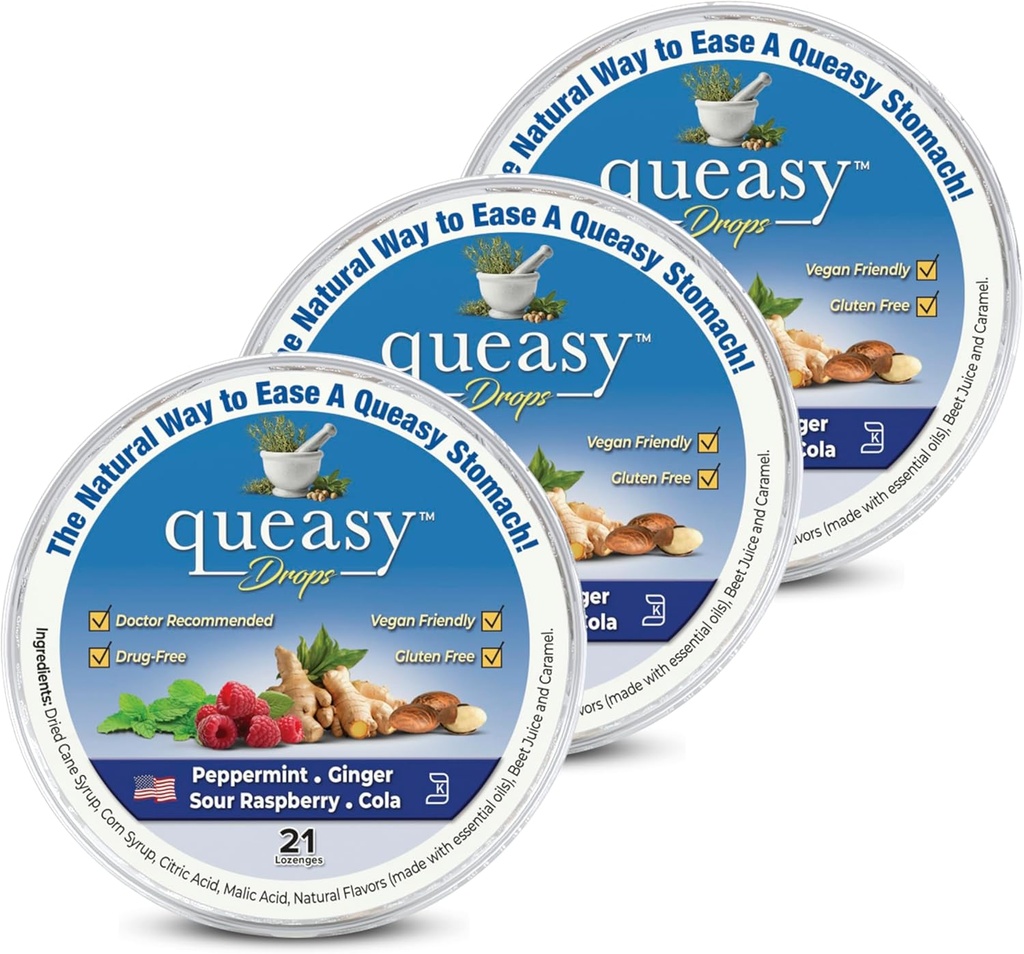 Trois Lollies Queasy gouttes - Soulagement de la nausée et de la maladie de voyage - Soulage une bouche sèche et se couche l'estomac - ingrédients naturels - 4 saveurs - 21ct (paquet de 3)