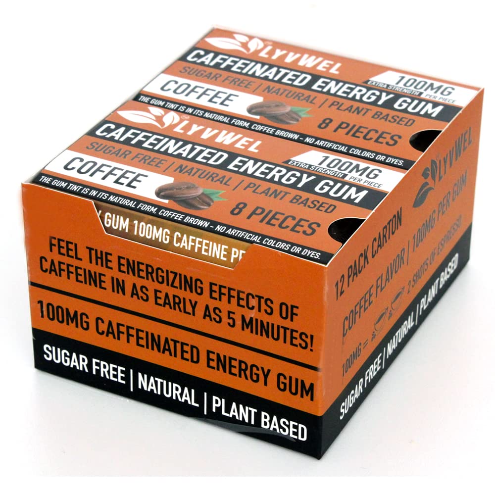 LyvWel Energy Gum | 100 mg di caffeina per gemma | Tutto naturale | Zucchero-Free Pre-allenamento Boost: il tuo supplemento di energia essenziale per rimanere Awake- Carton 12 pacchetto (-12 Pack)