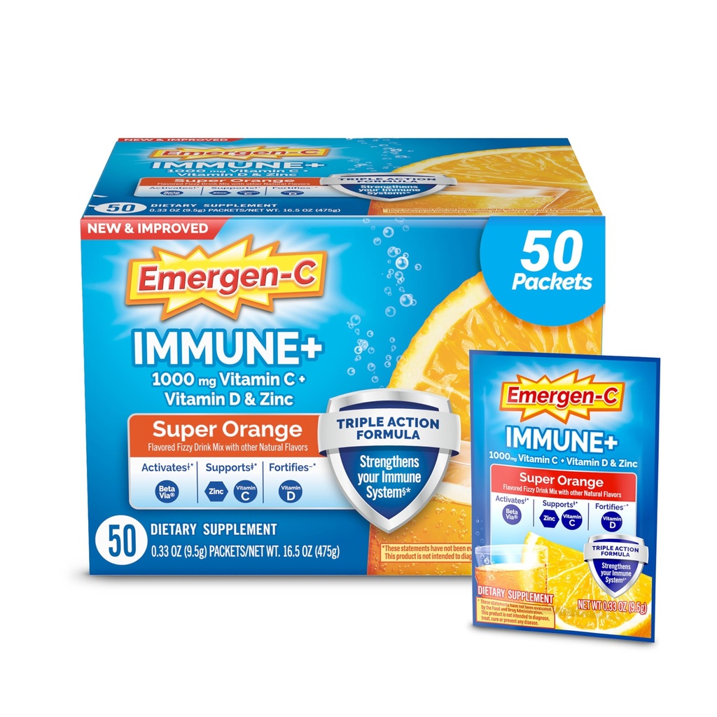 Emergen-C Immune+ Tripla Azione Sostegno Immune Polvere, BetaVia (R), 1000mg Vitamina C, B Vitamine, Vitamina D e Antiossidanti, Super Arancione, Torna alla Scuola Essenziale – 50 Conte