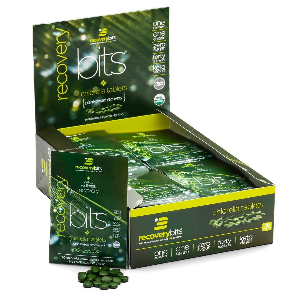 RECOVERYbits - Organische Chlorella Tabletten - Pflanzenbasierte Algae Superfood - Chlorophyll - Cracked Cell Wall - Energie - Immunsystem - Detox - Keto - Vegan - Non-GMO - Box von 30 Pouches - 900 Tabletten