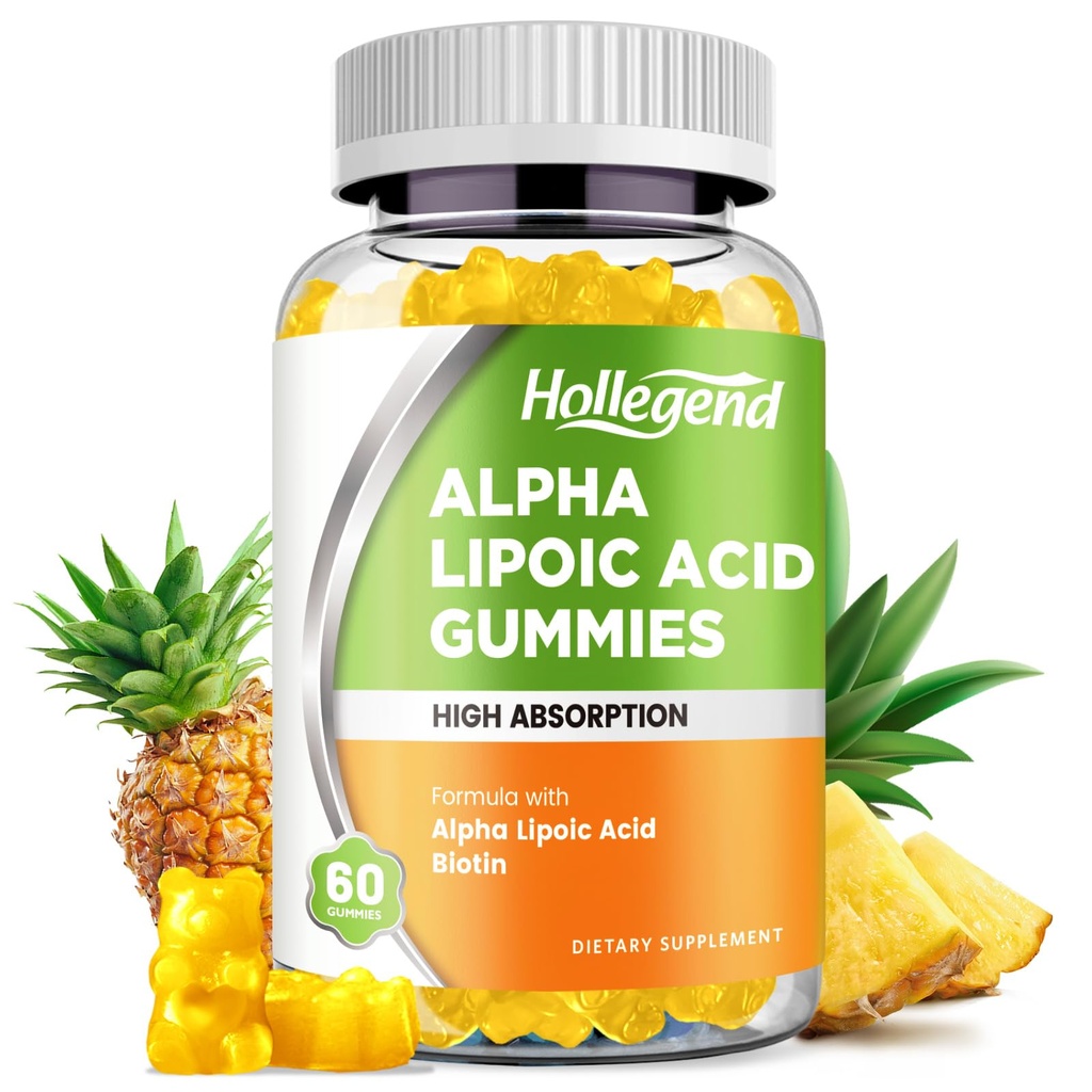 Alpha Lipoic Acid Gummies 1000Mg mit Biotin, hohe Absorption Kaubare ALA-Ergänzung für Antioxidantien, Gehirngesundheit und Nerve-Unterstützung, Ananas-Flaschen, Zuckerfrei, 60 Kauen