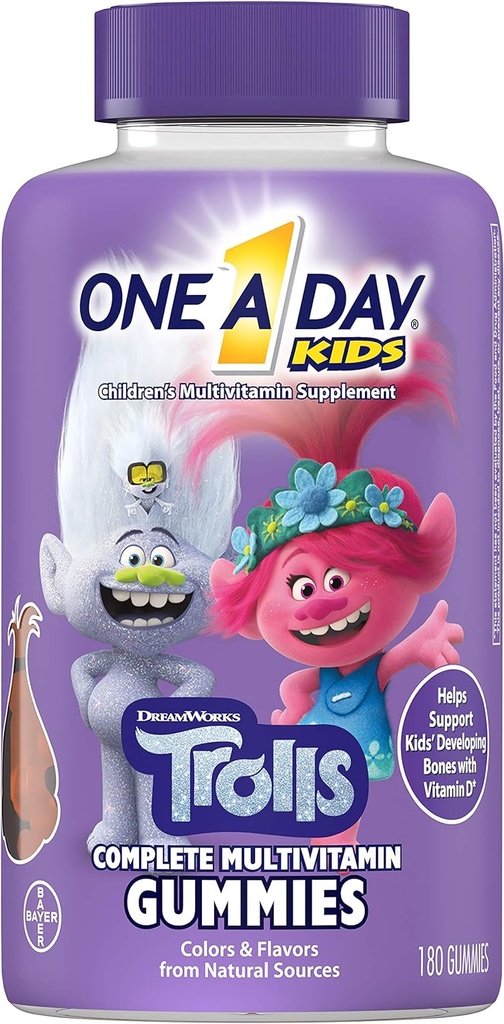 Un giorno bambini Trolls Multivitamin Gummy, bambini Vitamine con Vitamine A, B6, B12, C, D, E, Zinco, Acido Folico e Biotina (Packaging May Vary), Trolls, 180 Conte
