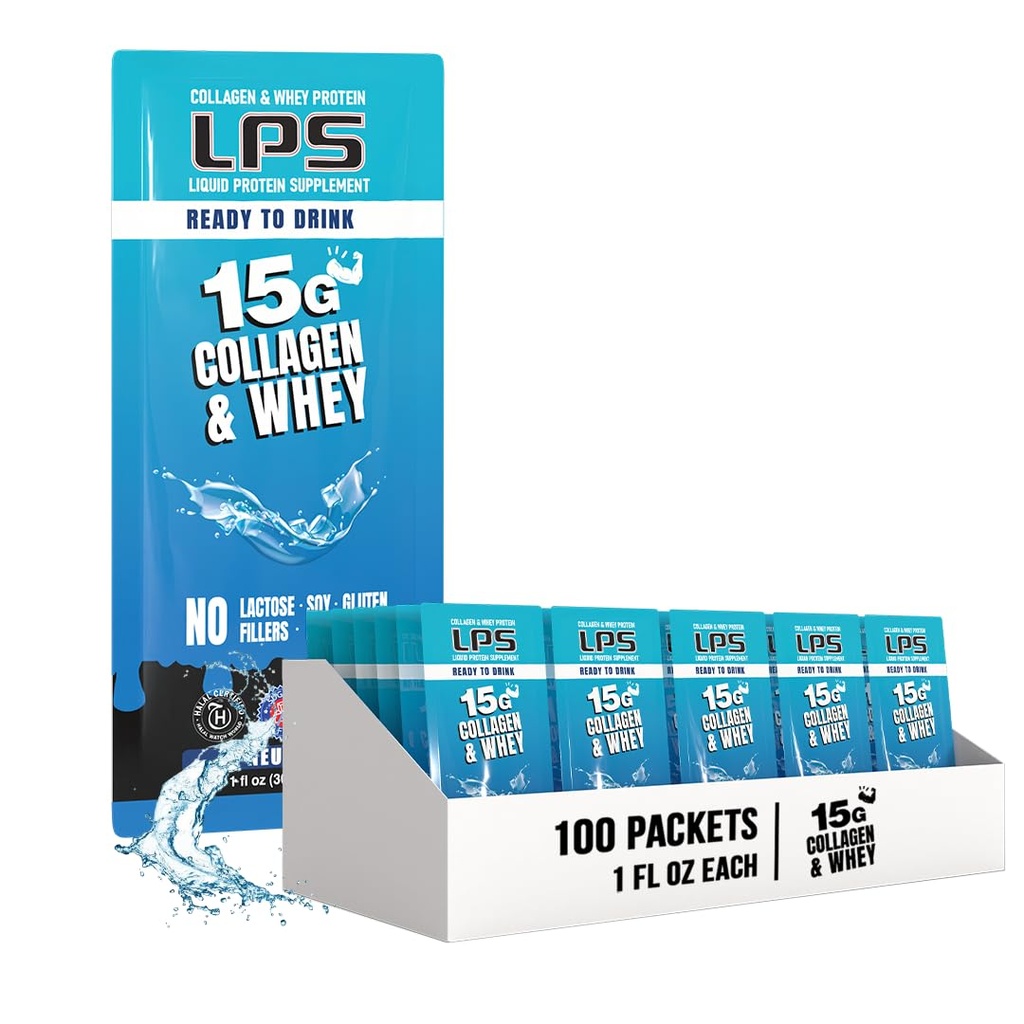 LPS Liquid Collagen & Whey Protein Supplement - Non-GMO Drink, Sugar-Free - fördert gesunde Haut und Haar für Männer & Frauen, Neutral, Single Serve (100 Packungen)