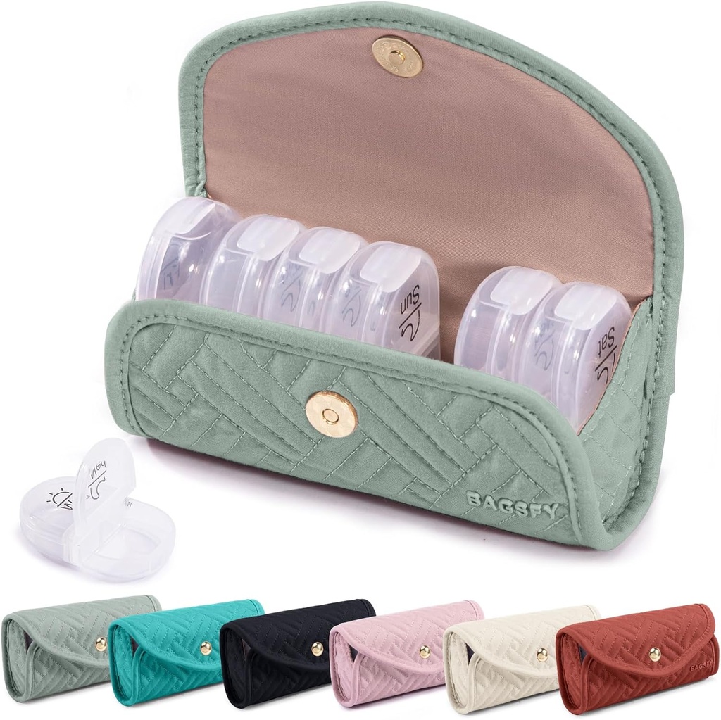 BAGSFY organizzatore settimanale di pillole 2 volte al giorno in un caso di pillole di tessuto carino, sacchetto di medicina, scatola di pedaggio di AM PM 7 giorno, custodia di viaggio portatile di farmaci per pillole, vitamine, oli di pesce, integratori.