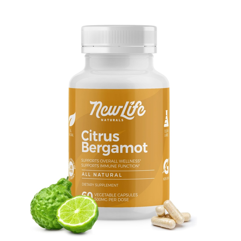 NewLife Naturals Citrus Bergamot Supplements 500 MG - Heart Health - Supplément pour le bien-être et le vieillissement Support - Pure Extract Formula - 60 Capsules de Veggie