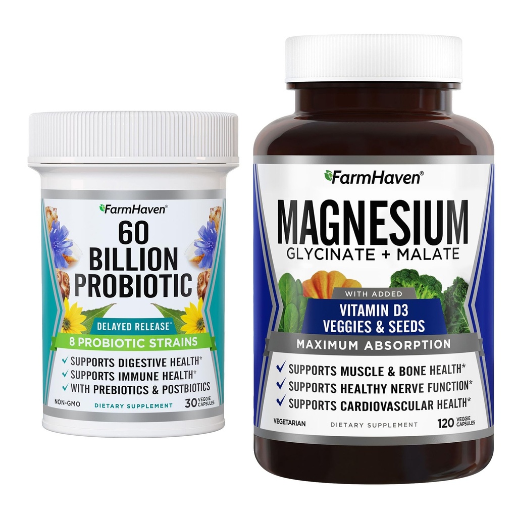 FarmHaven Magnésium Glycinate & Malate Complex et 60 milliards CFU Probiotique