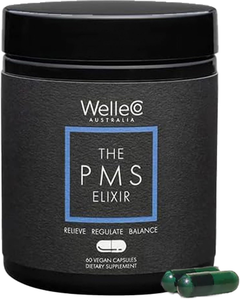 WelleCo Die PMS Elixir Premenstrual Support Supplement für Damen, Magnesium und Ashwagandha Kapseln mit Eisen, Iodin, Broccoli Sprouts, Vitex, Chrom & B Vitamine, Vegan & Gluten kostenlos, 60 Kapseln