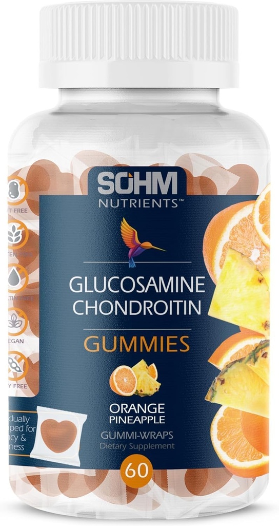 SOHM Glucosamine und Chondrotin Gummies 60 Graf Individuell Wrapped, unterstützt Gelenke Gesundheit und Knochen Gesundheit, Glucosamine Chondroitin Gummies für Männer und Frauen Vegetarisch (Pineapple,Orange)