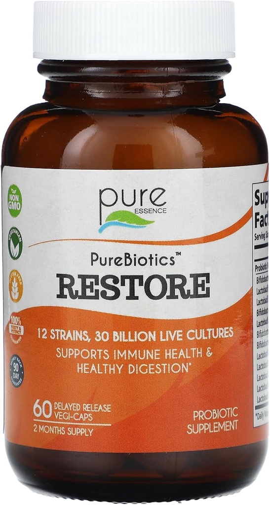 PURE ESSENCE LABS Restore Probiotic Supplement 30 Billion CFU - Probiotika für Männer und Frauen - 12 Strains für Immununterstützung und Verdauungsgesundheit - Natürliche Unterstützung für die Erleichterung der Verstopfung (60 Caps)