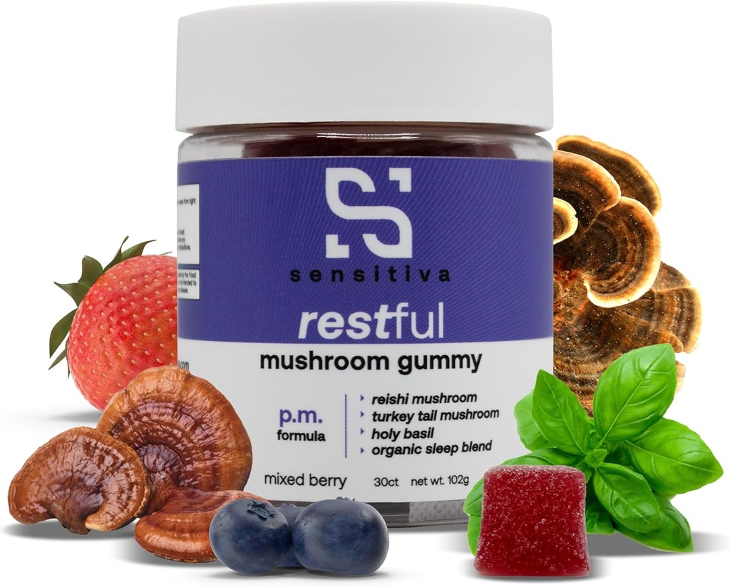 Sensitiva Restful Mushroom Gummies P.M. Formula - Reishi & Turkey Tail Mushroom Supplement Gummies, Mushroom Gummies for Sleep, Relaxation & Stress Relief (Mixed Berry P.M. Formula)