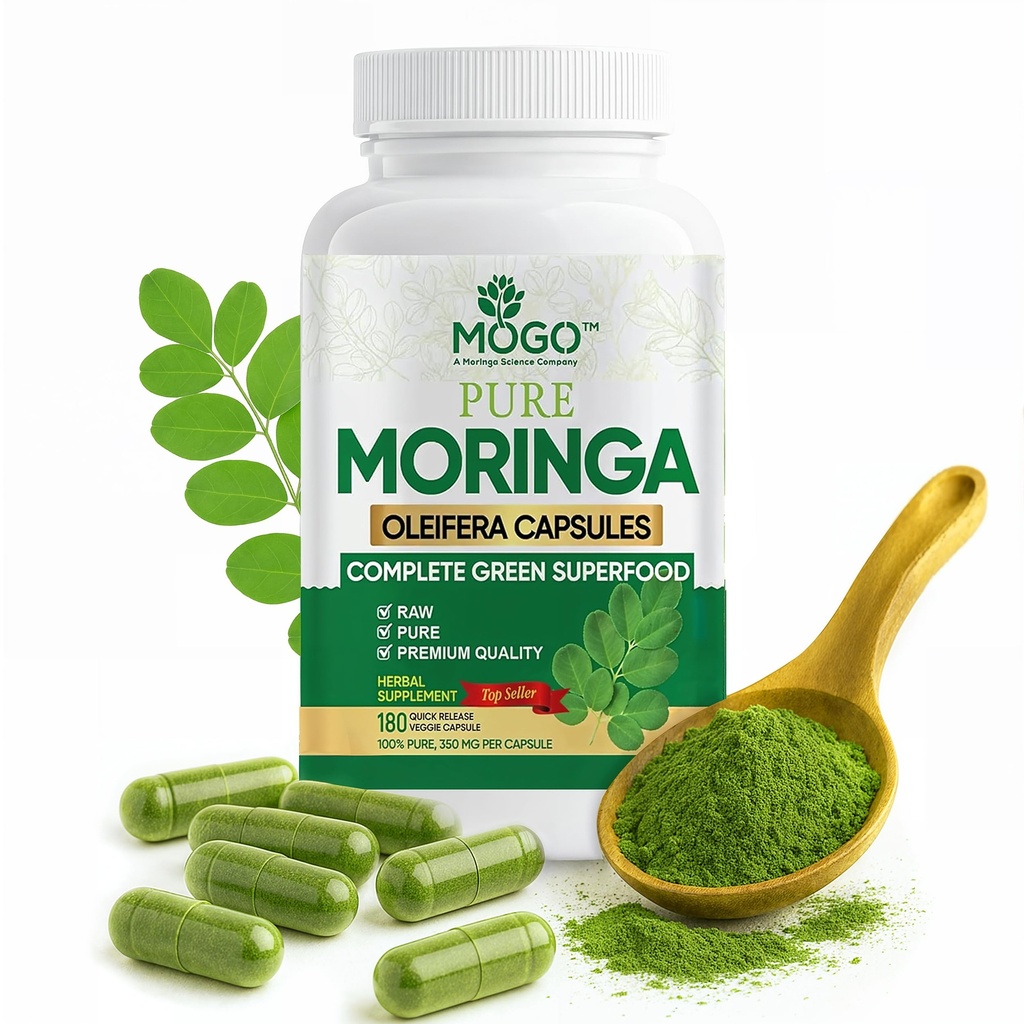 MOGO Moringa Kapseln -180 Ct| Boost Energy, Immune, Gut, Joint Support | Hergestellt mit Pure Organic Moringa Powder Organic Kapseln | Made in USA | Antioxidantien Rich Complete Green Superfood Supplement