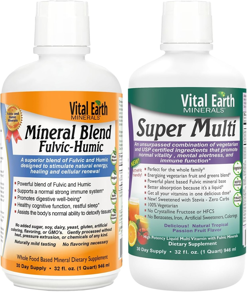 Vital Earth Minerals Detox & Wellness Support – Fulvic Humic Mineral Blend with 70+ Trace Minerals + Super Multi, Liquid Multivitamins, MTHFR Support, 32 Oz Ea