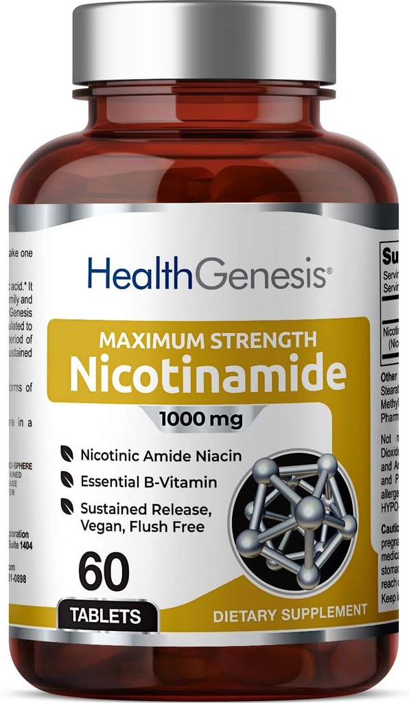 B-3 Nicotinamide 1000 mg 60 Tabs Extra Strength Lent Release - Formule Vitamine Naturelle sans Flush , sans gluten amide nicotinique Niacin , soutient la santé de la peau Support de réparation cellulaire